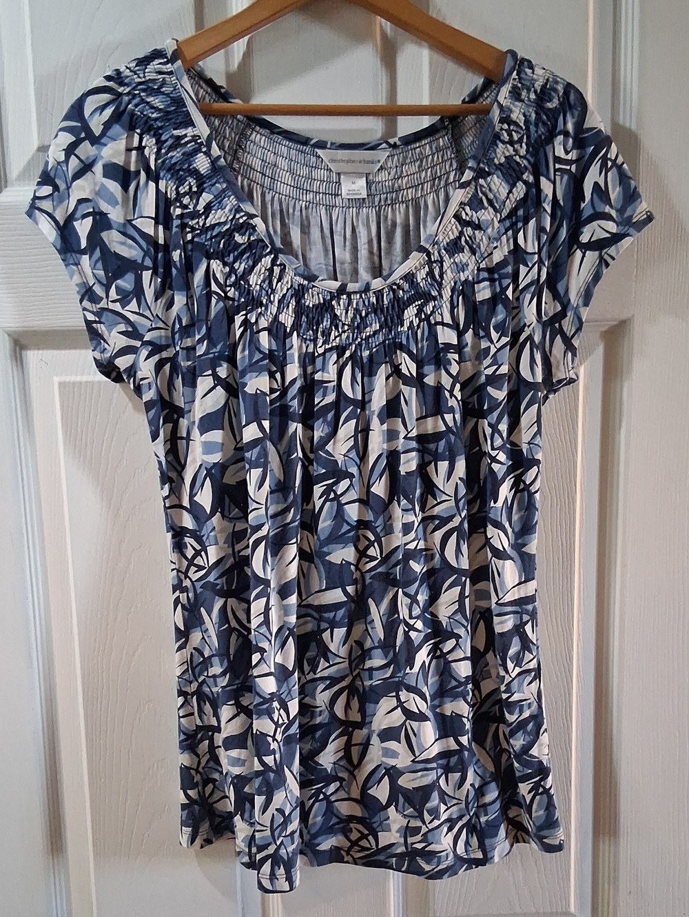 Christopher & Banks Navy and White Smocked Scoop Neck Top